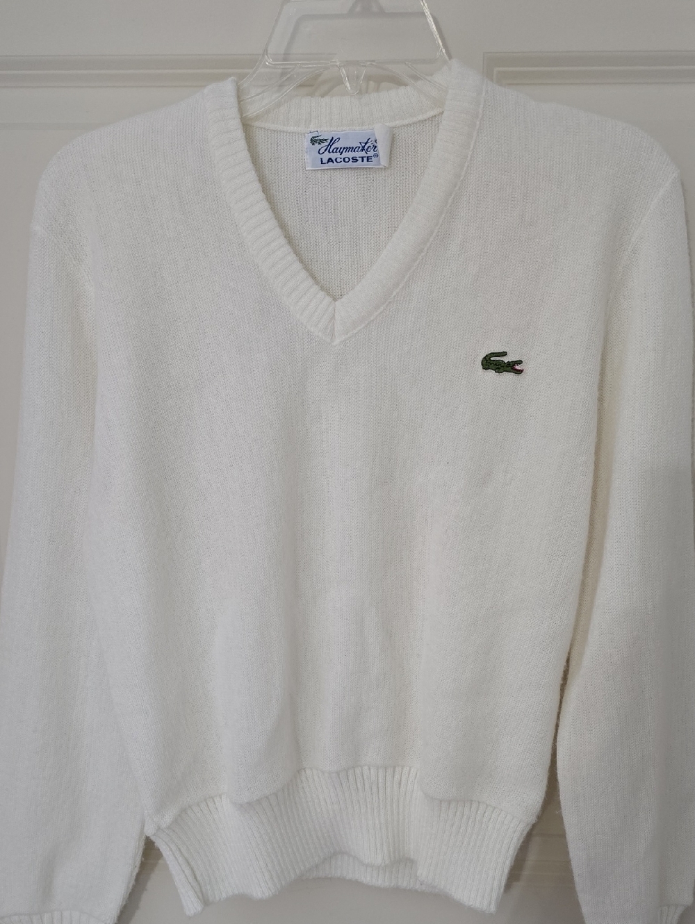 VINTAGE Lacoste Women's V-Neck Sweater in White with Green Crocodile Logo
